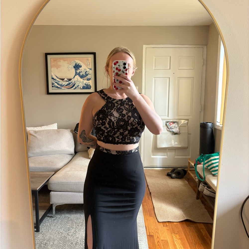 Black Lace Crop Top and Skirt Set